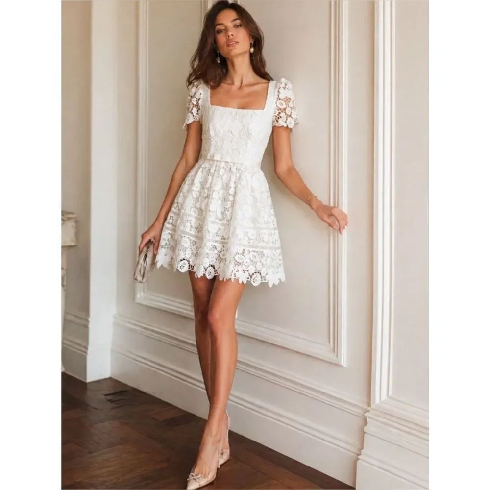 Self-Portrait Grosgrain trimmed Guipure Lace Mini Dress White Size 8 Bridal